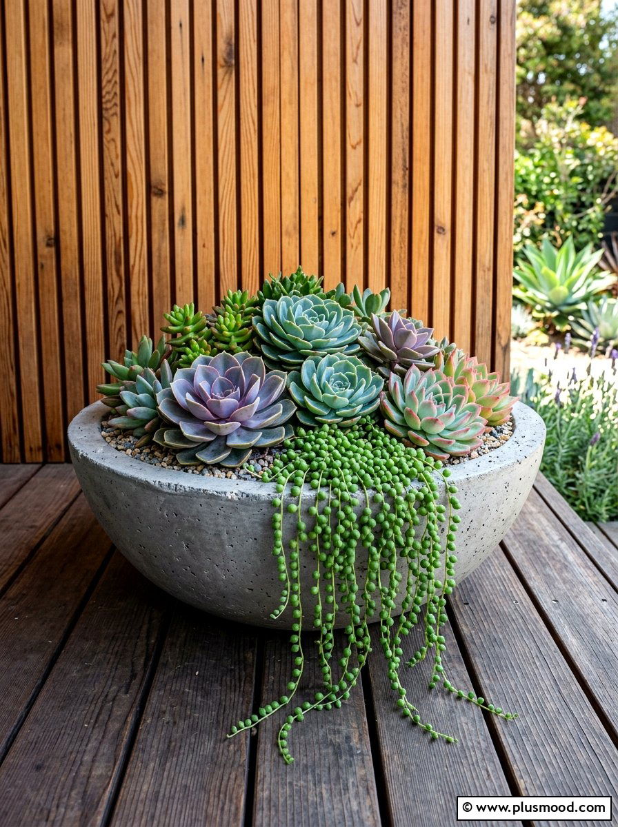 Modern Concrete Succulent Arrangement - 25 summer flower pot arrangement ideas for front porch