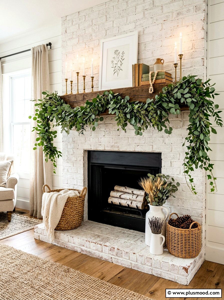 Modern Farmhouse Mantel Greenery - 25 summer mantel decor ideas