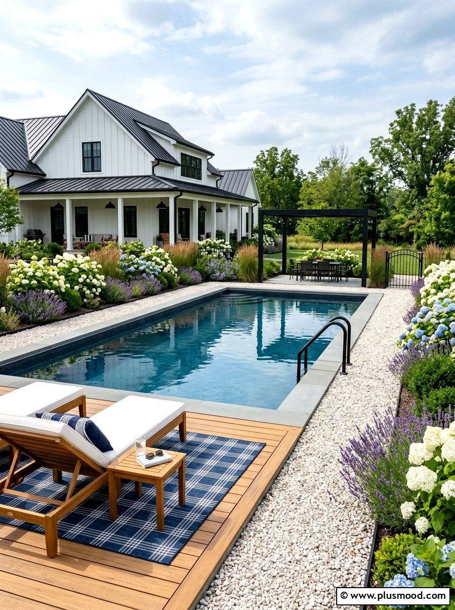 Modern Farmhouse Pool - 25 pool landscaping ideas with outdoor rug