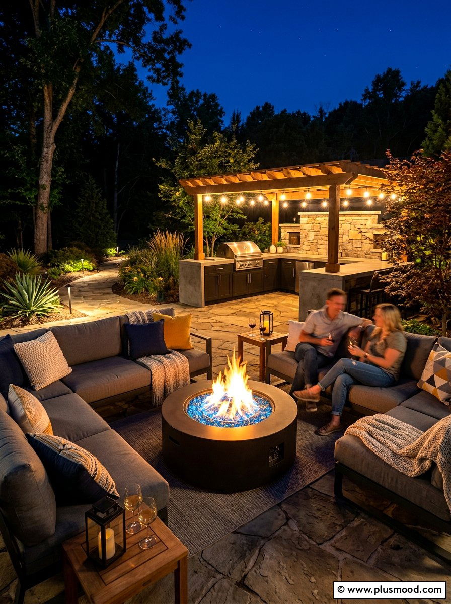 Modern Fire Pit Lounge - 25 summer outdoor kitchen entertaining ideas