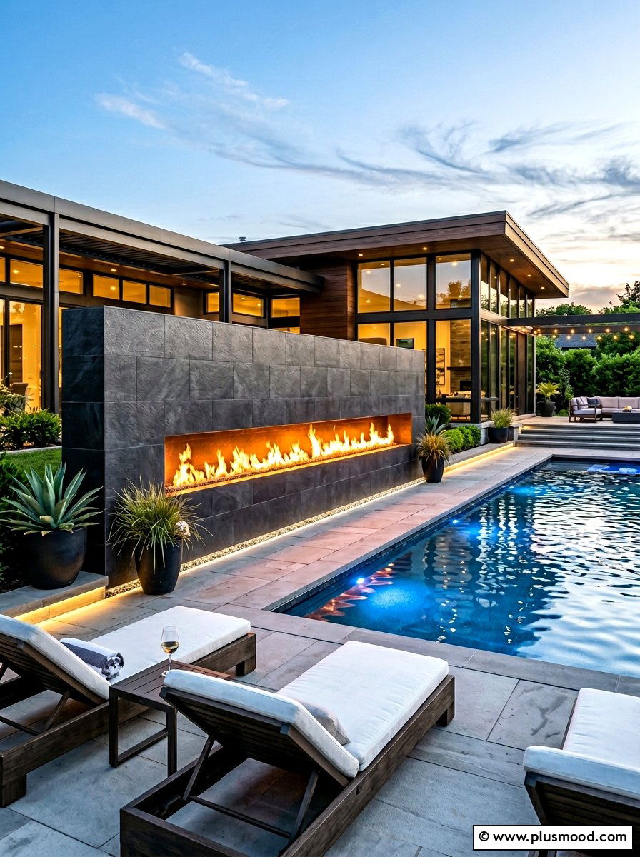 Modern Fire Wall Near Pool - 25 summer poolside fire feature ideas