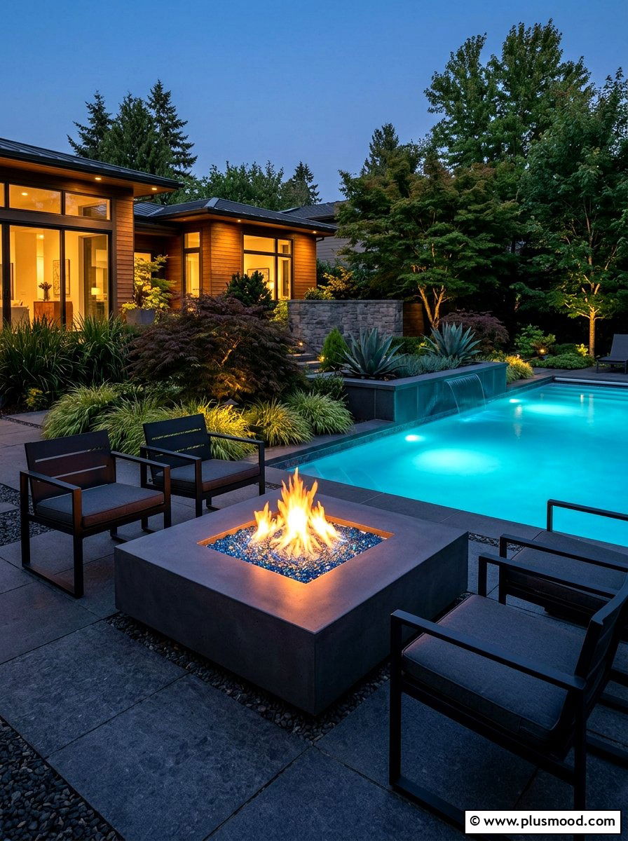Modern Gas Firepit - 25 pool landscaping ideas for zen style