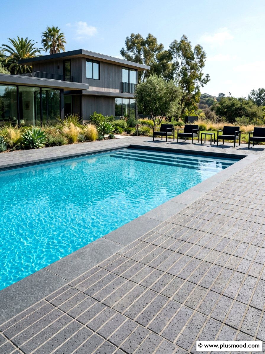 Modern Grey Brick Pool Deck - 25 pool landscaping ideas with brick edging