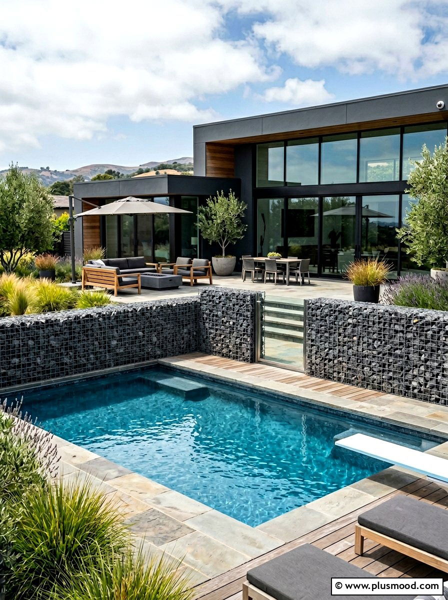 Modern Industrial Gabion Pool Fence - 25 pool landscaping ideas with gabion walls