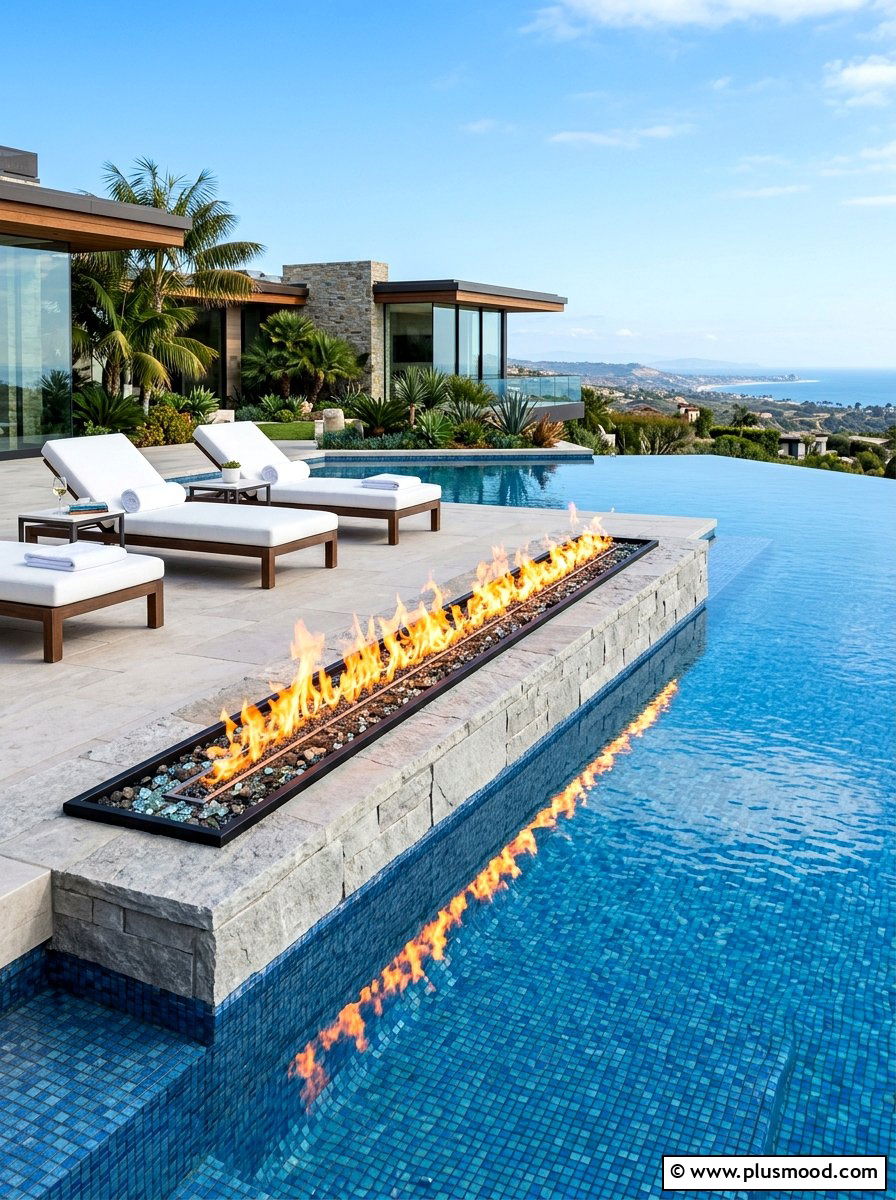 Modern Linear Gas Fireplace - 25 summer poolside fire feature ideas