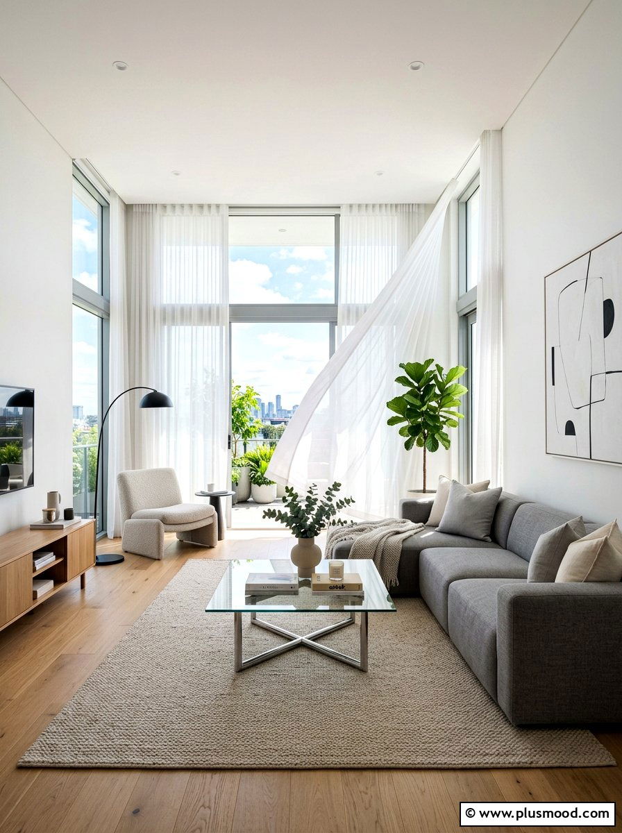 Modern Living Room with Sheer Curtains - 25 summer refreshing living room ideas