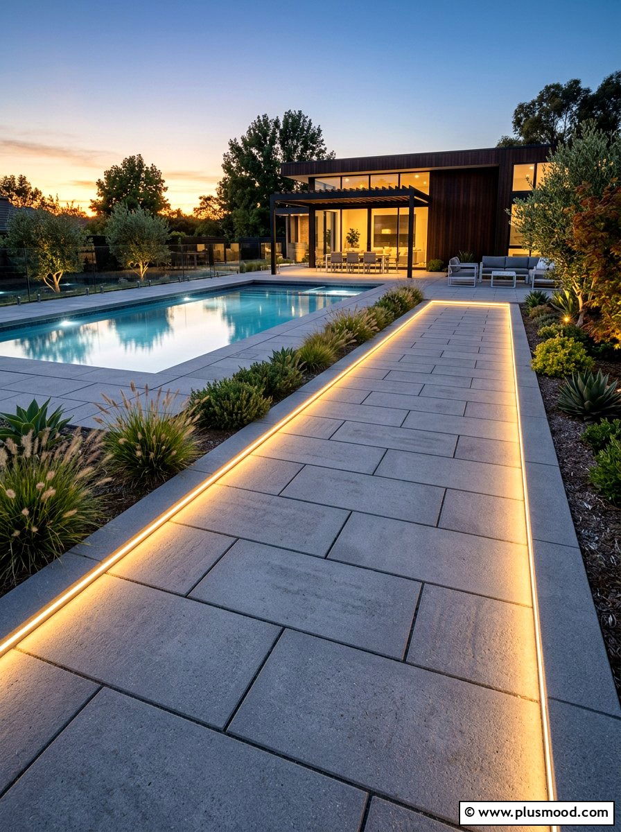 Modern Paver Walkway With Lighting - 25 pool landscaping ideas with stone pathway