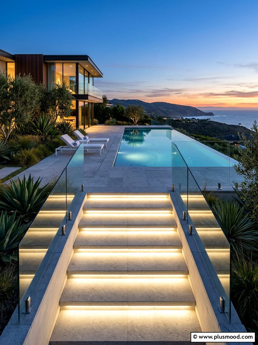 Modern Pool Area With Linear Step Lights - 25 pool landscaping ideas with night lighting