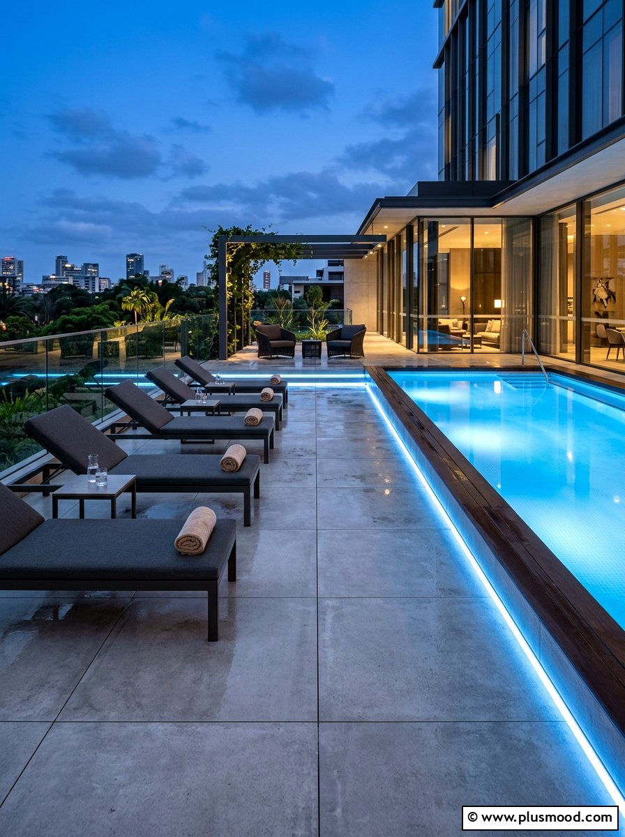 Modern Pool Deck - 25 pool landscaping ideas with lighting