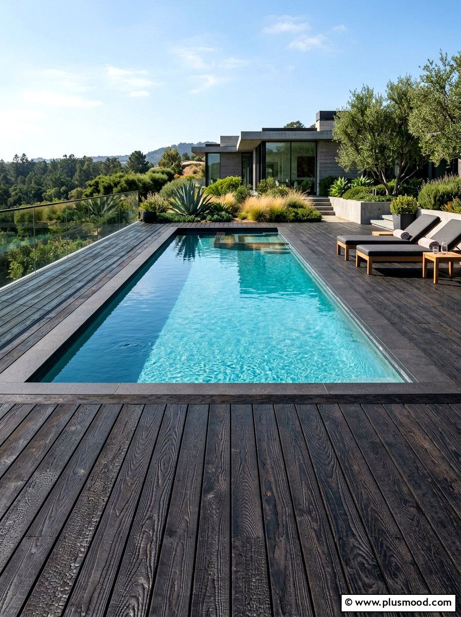 Modern Shou Sugi Ban Pool Deck - 25 pool landscaping ideas with Japanese style