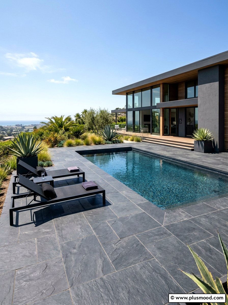 Modern Slate Flagstone Pool Surround - 25 pool landscaping ideas with flagstone