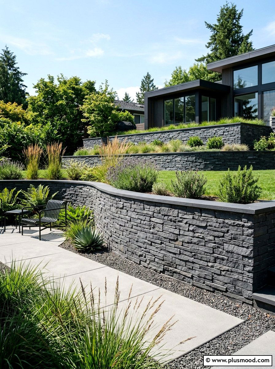 Modern Stacked Stone Retaining Wall - 25 pool landscaping ideas with stone walls