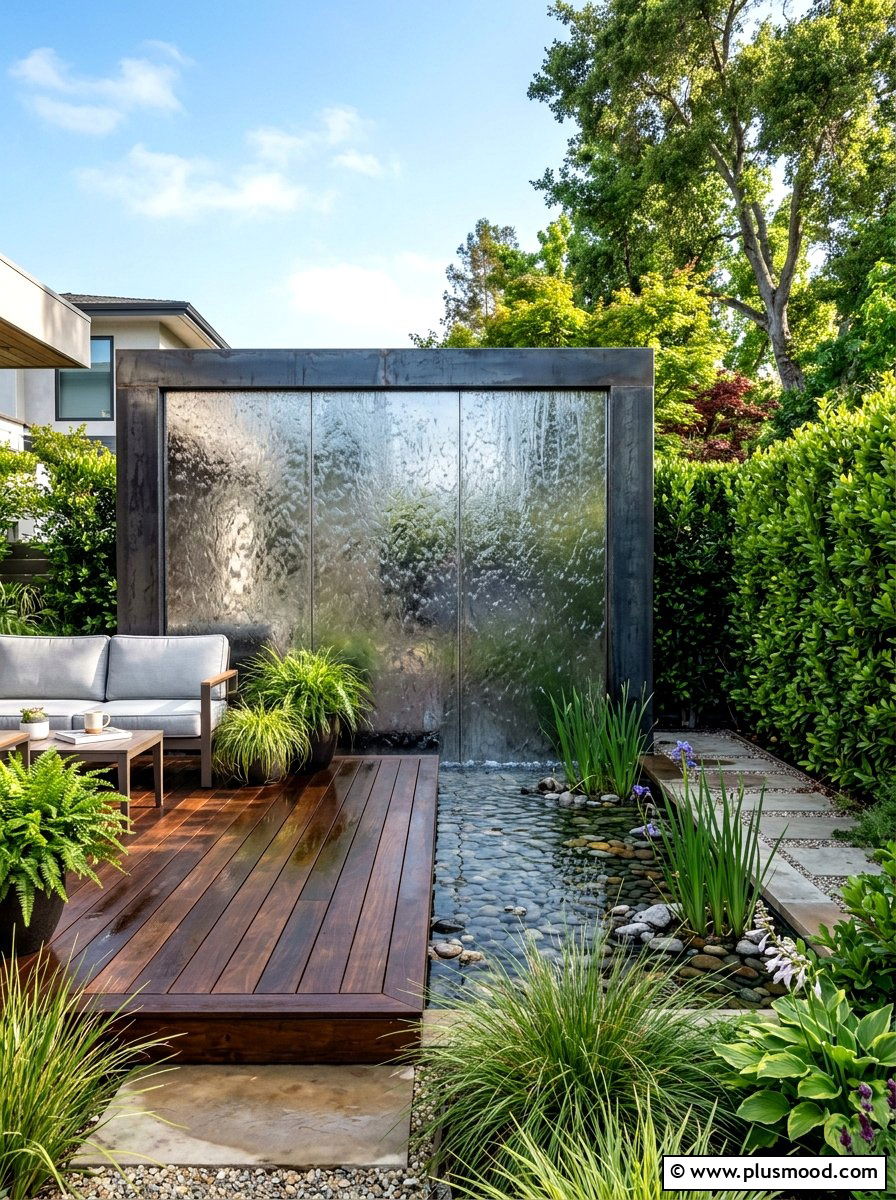 Modern Steel Water Wall - 25 summer garden fountain ideas