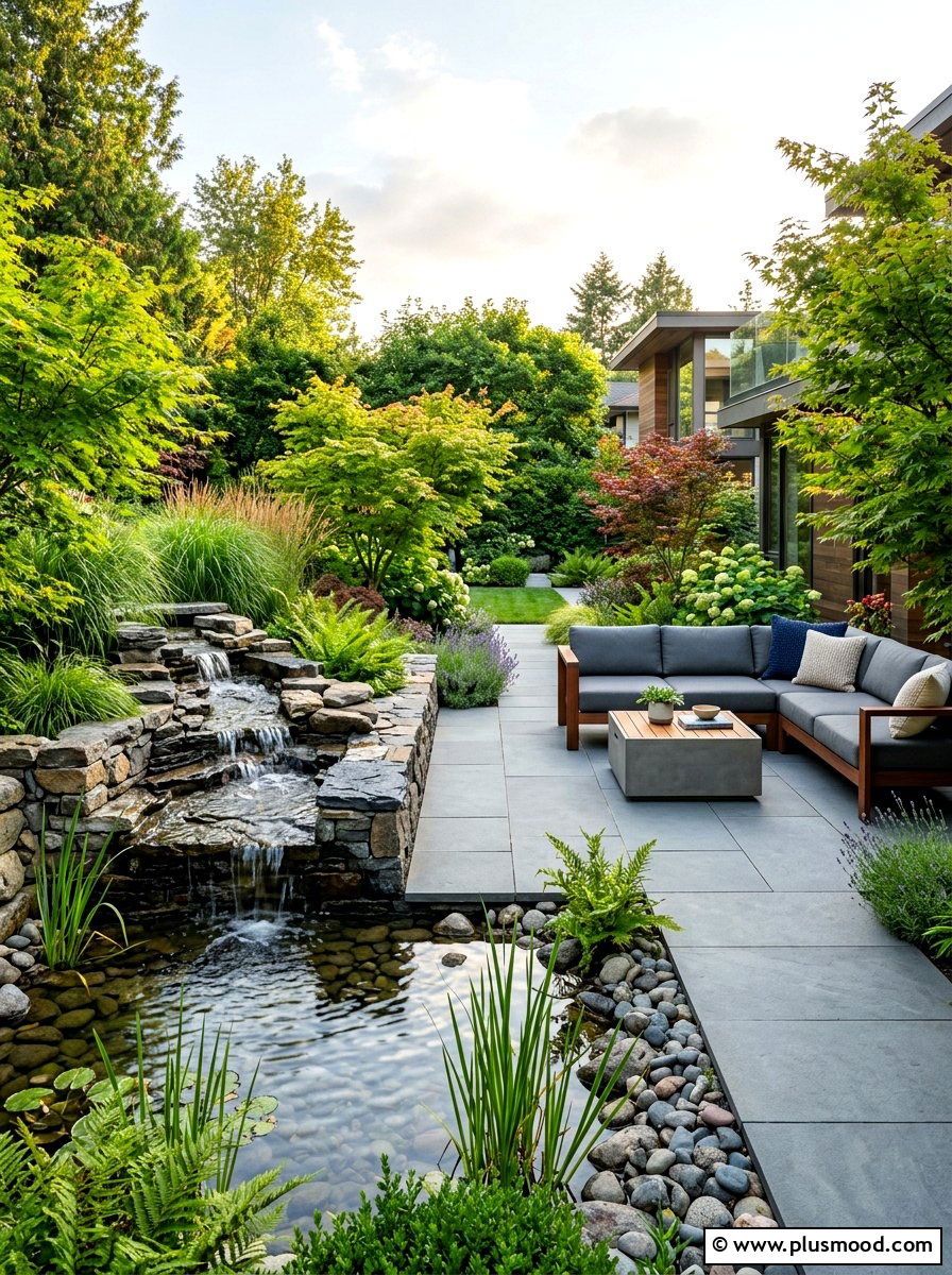 Modern Stone Spillway - 25 summer patio ideas with water feature