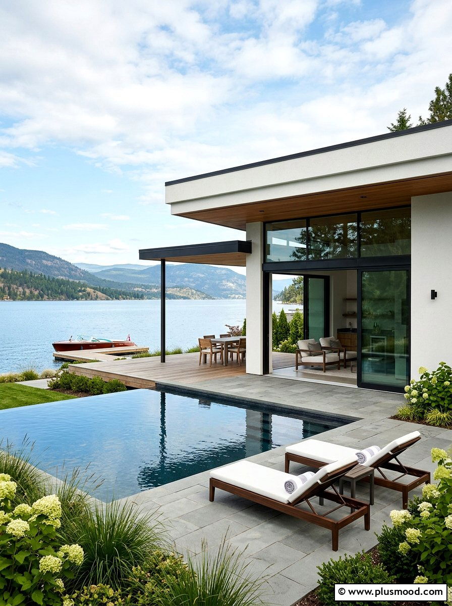 Modern Style Lakefront Pool House - 25 pool landscaping ideas for lakefront homes