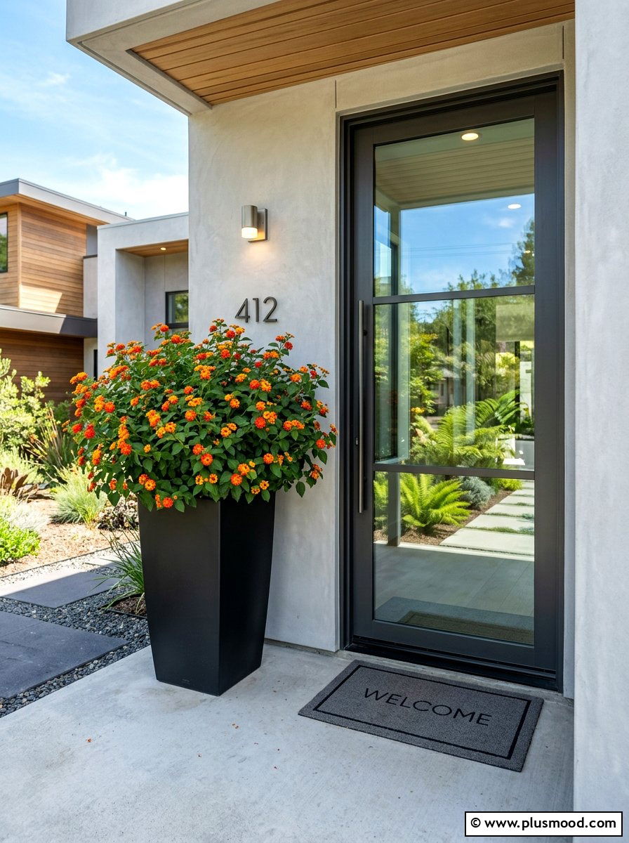 Modern Tall Black Planter With Lantana - 25 summer planters with lantana ideas