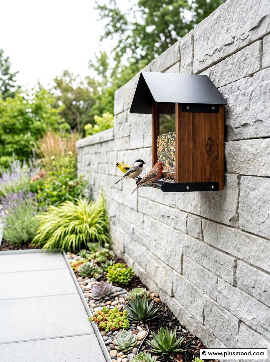 Modern bird feeder on wall - 25 small backyard ideas with bird feeders