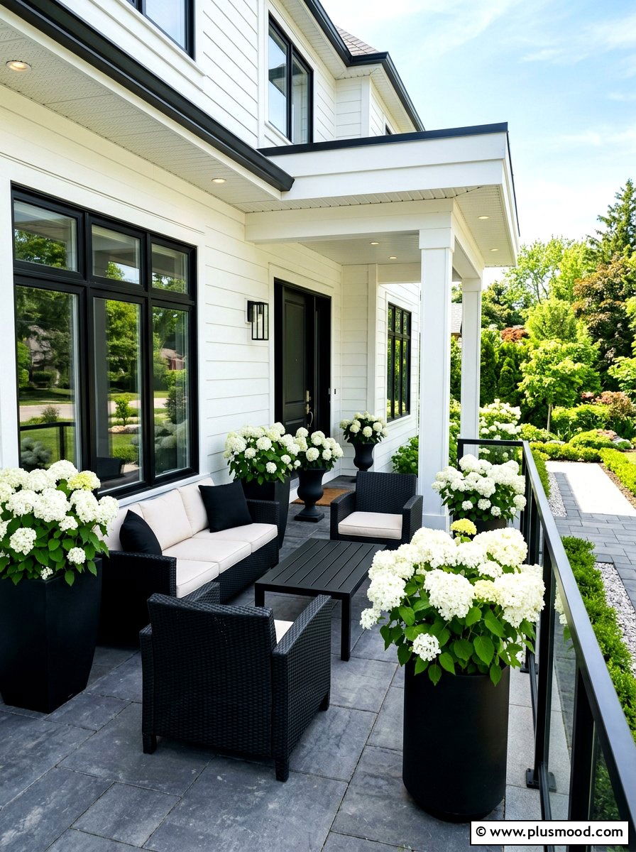 Modern black and white hydrangea porch - 25 summer front porch decor ideas with hydrangeas