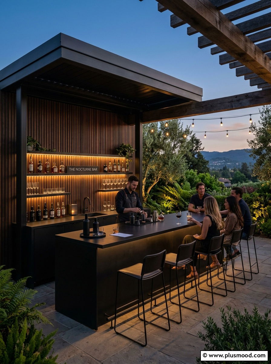 Modern black outdoor bar - 25 small backyard ideas with outdoor bar
