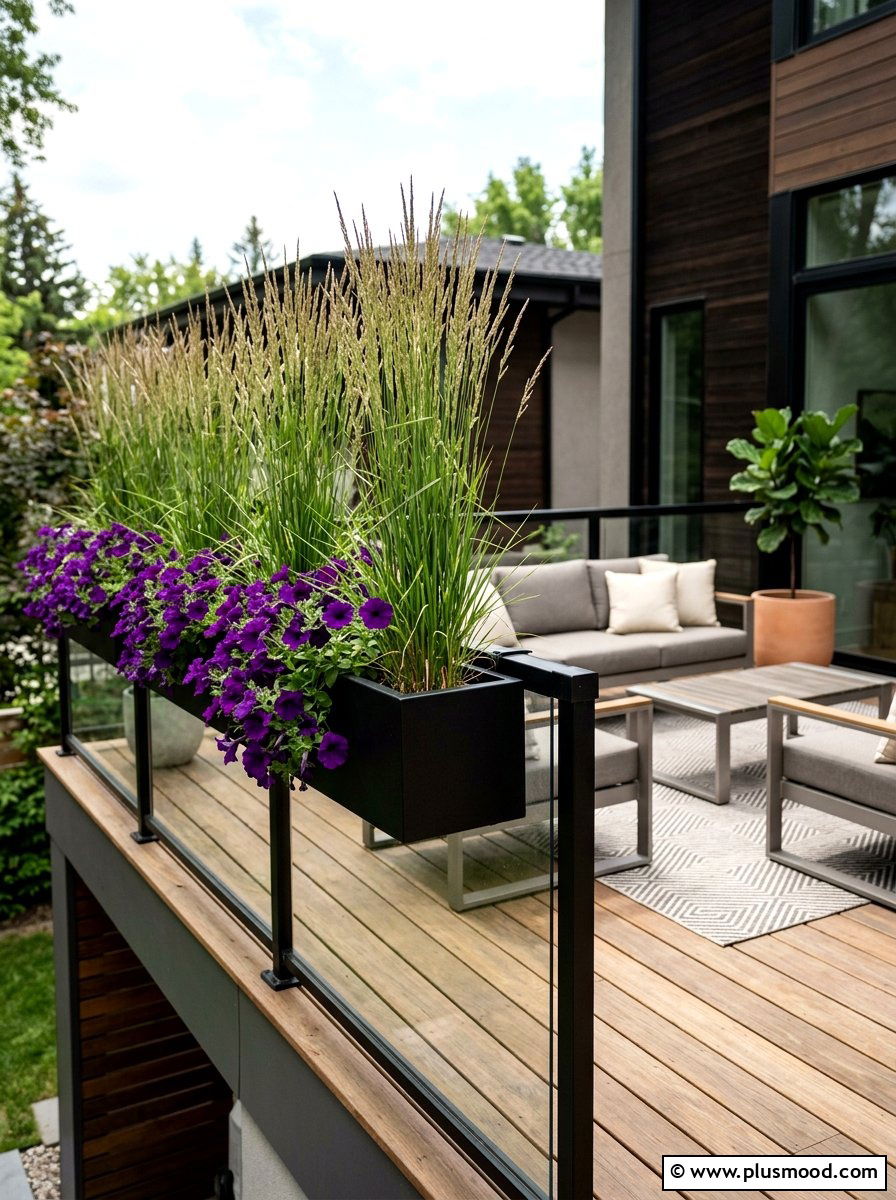 Modern black railing planter - 25 summer railing planter ideas