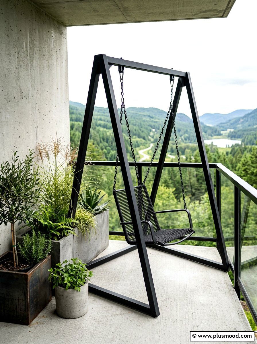 Modern black swing - 25 summer balcony swing chair ideas