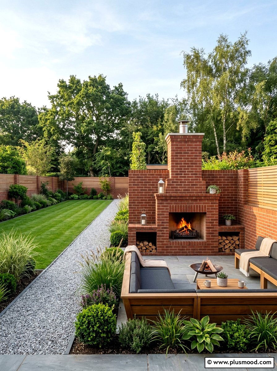 Modern brick fireplace in narrow garden - 25 small backyard ideas with outdoor fireplace