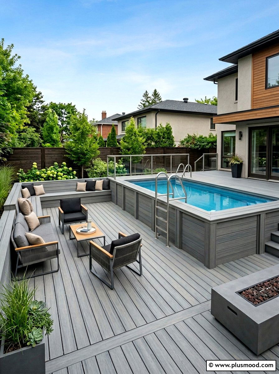 Modern composite pool deck - 25 pool landscaping ideas for above ground pools