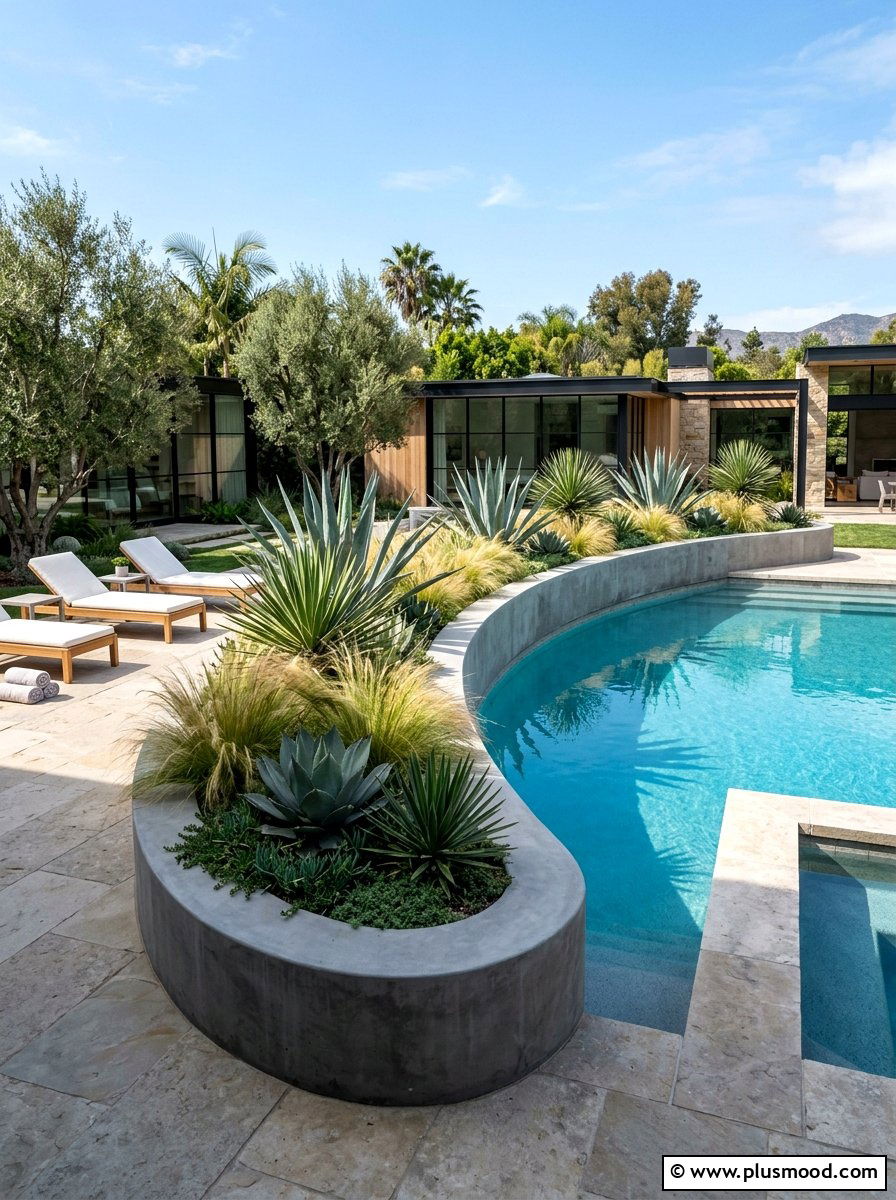Modern concrete curved pool planter - 25 pool landscaping ideas with curved planters