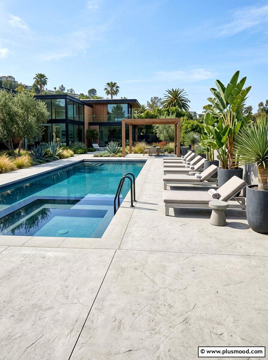 Modern concrete pool deck - 25 pool landscaping ideas for inground pools