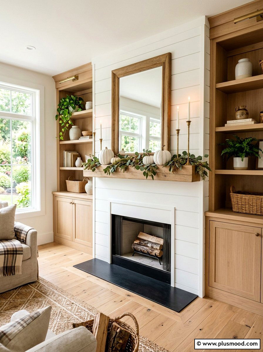 Modern farmhouse fireplace mantel - 25 summer to fall transition decor ideas