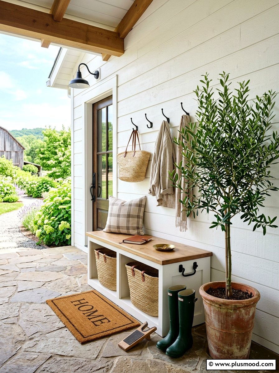 Modern farmhouse mudroom with greenery - 25 summer entryway decor ideas