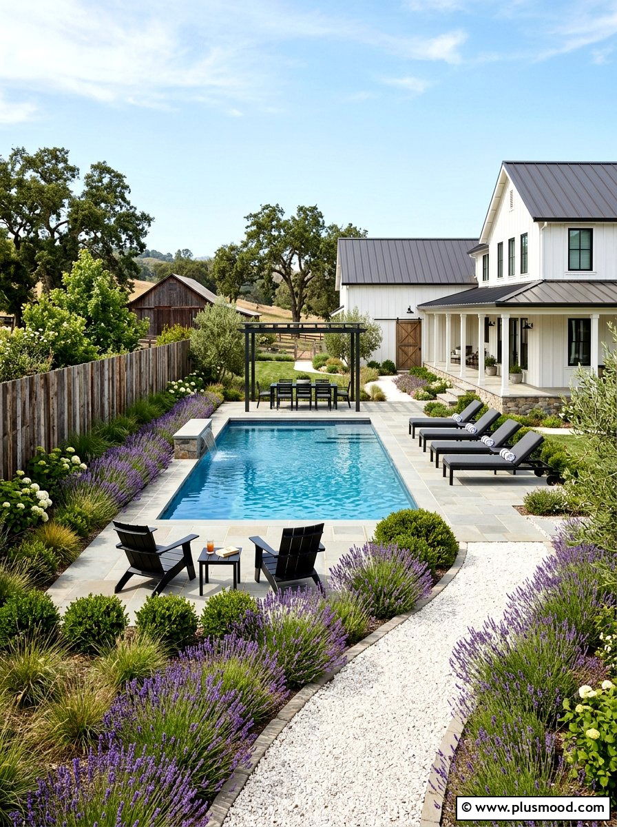 Modern farmhouse pool landscaping - 25 pool landscaping ideas with outdoor seating