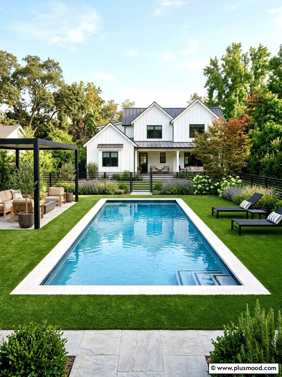 Modern farmhouse pool with turf - 25 pool landscaping ideas with artificial turf