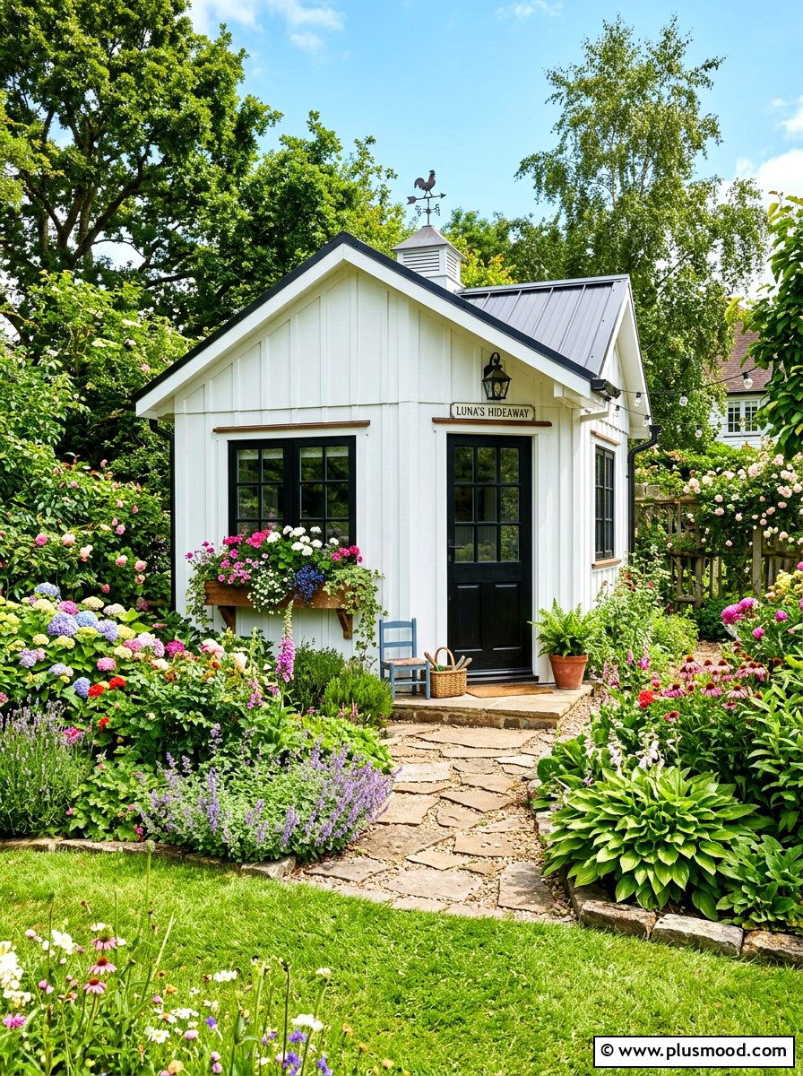 Modern farmhouse she shed - 25 cozy summer backyard ideas