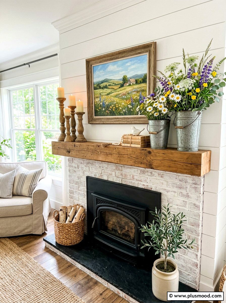 Modern farmhouse summer mantle - 25 summer shelf decor ideas