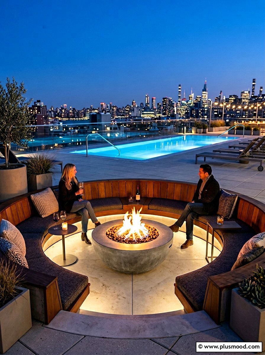 Modern fire pit - 25 pool landscaping ideas for rooftop pools