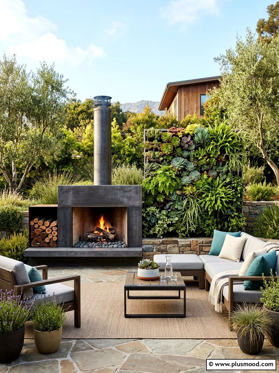 Modern fireplace with vertical garden wall - 25 small backyard ideas with outdoor fireplace