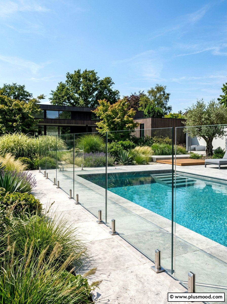 Modern glass pool fence - 25 pool landscaping ideas for small spaces
