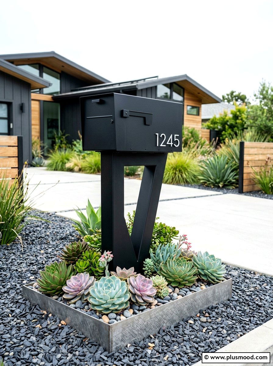 Modern metal mailbox with succulents - 25 summer mailbox landscaping ideas