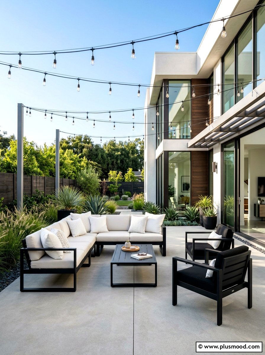 Modern minimalist patio - 25 summer patio ideas with string lights