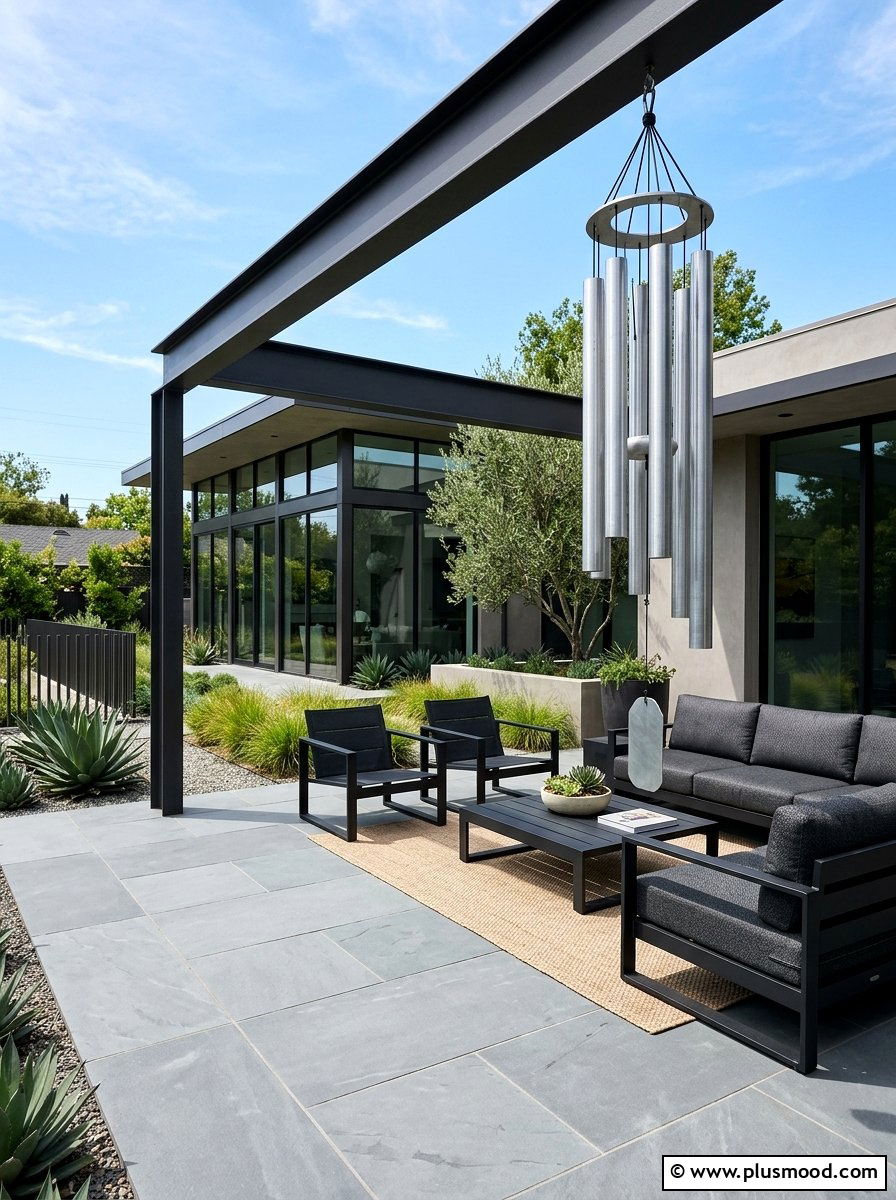 Modern minimalist patio layout - 25 outdoor garden decor ideas with wind chimes
