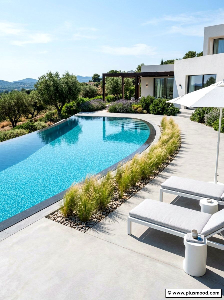 Modern minimalist pool area - 25 pool landscaping ideas with curved edges