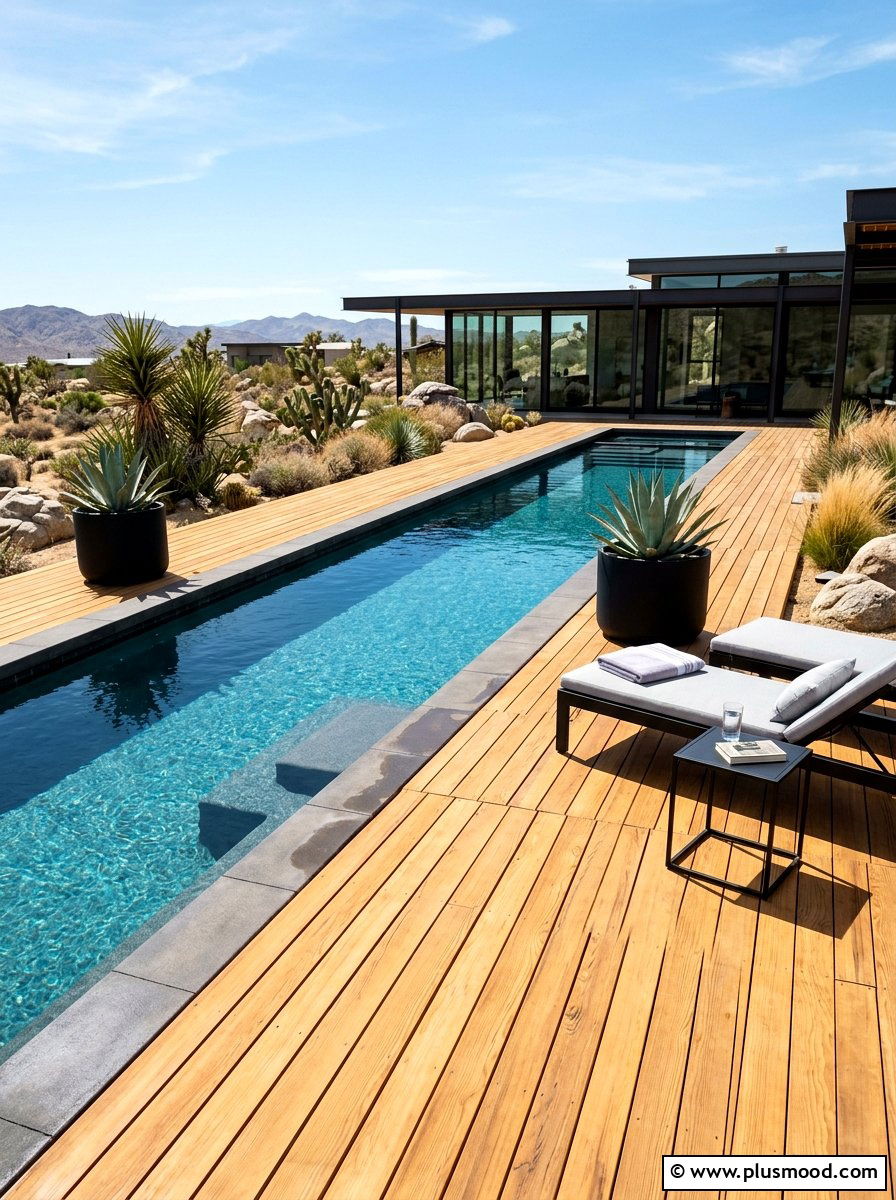 Modern minimalist pool with cedar decking - 25 pool landscaping ideas with wooden deck