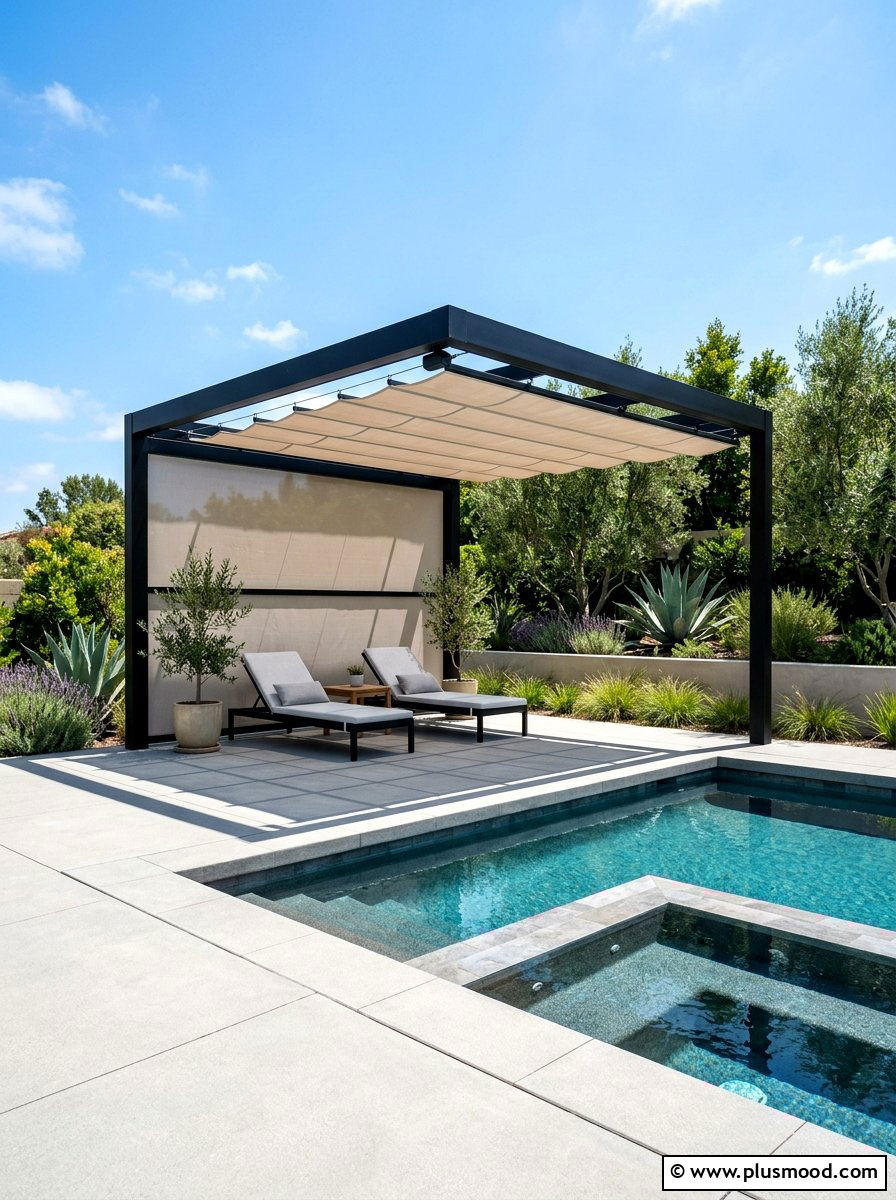 Modern pergola over corner pool deck - 25 pool landscaping ideas for corner pools