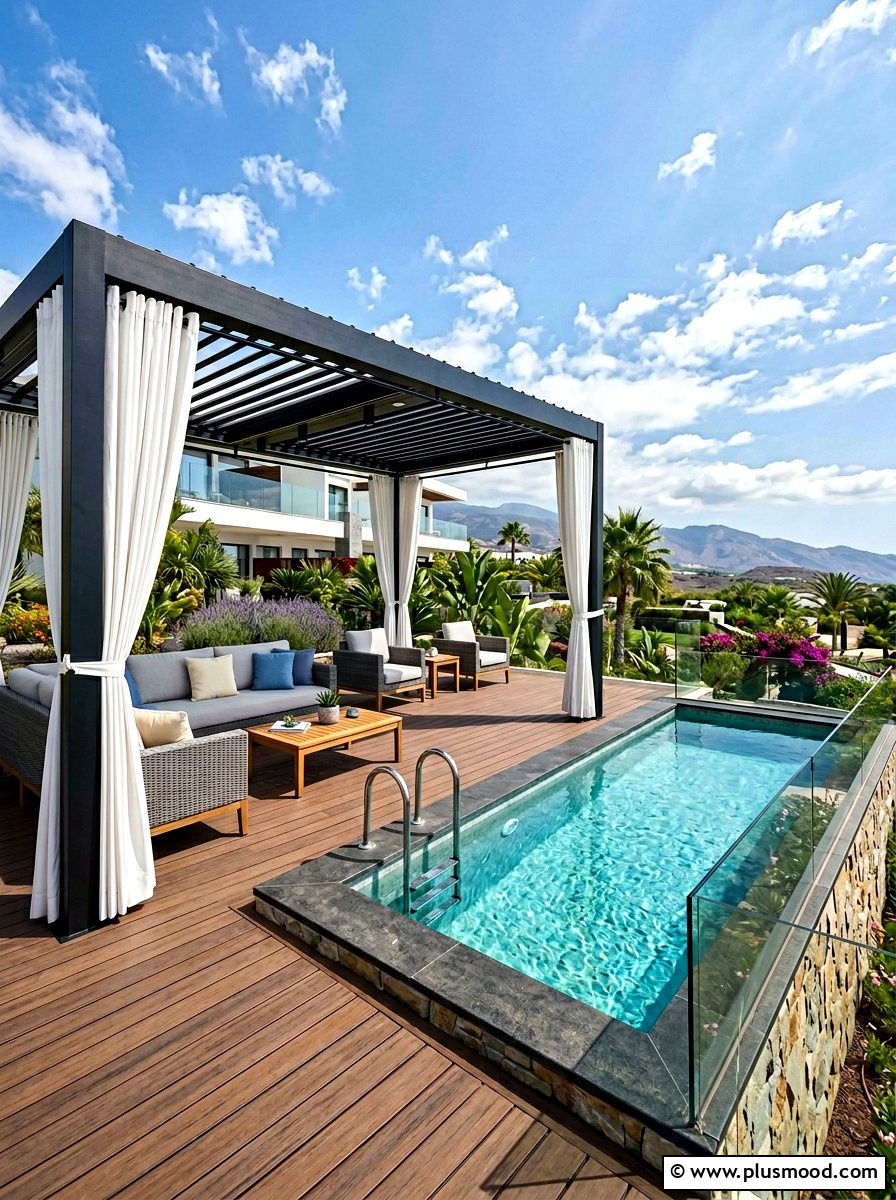 Modern pergola pool deck - 25 pool landscaping ideas for above ground pools