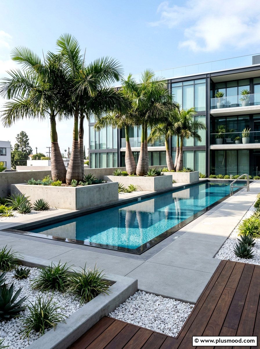 Modern planter pool with bottle palms - 25 pool landscaping ideas with palm trees