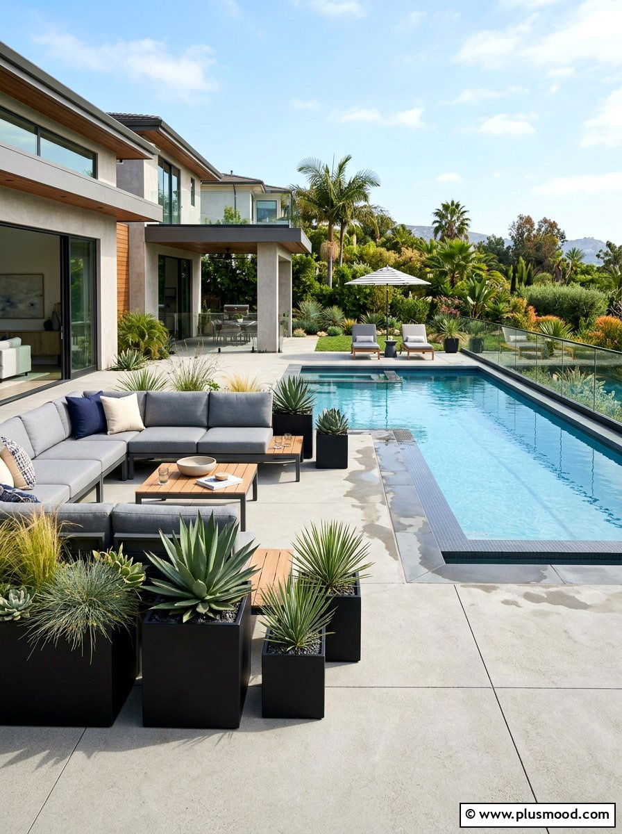 Modern pool deck seating - 25 pool landscaping ideas with outdoor seating