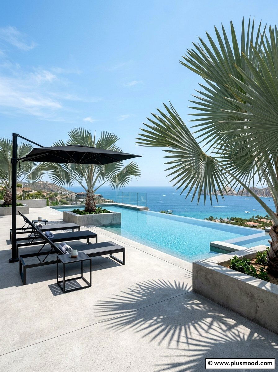 Modern pool deck with bismarck palms - 25 pool landscaping ideas with palm trees