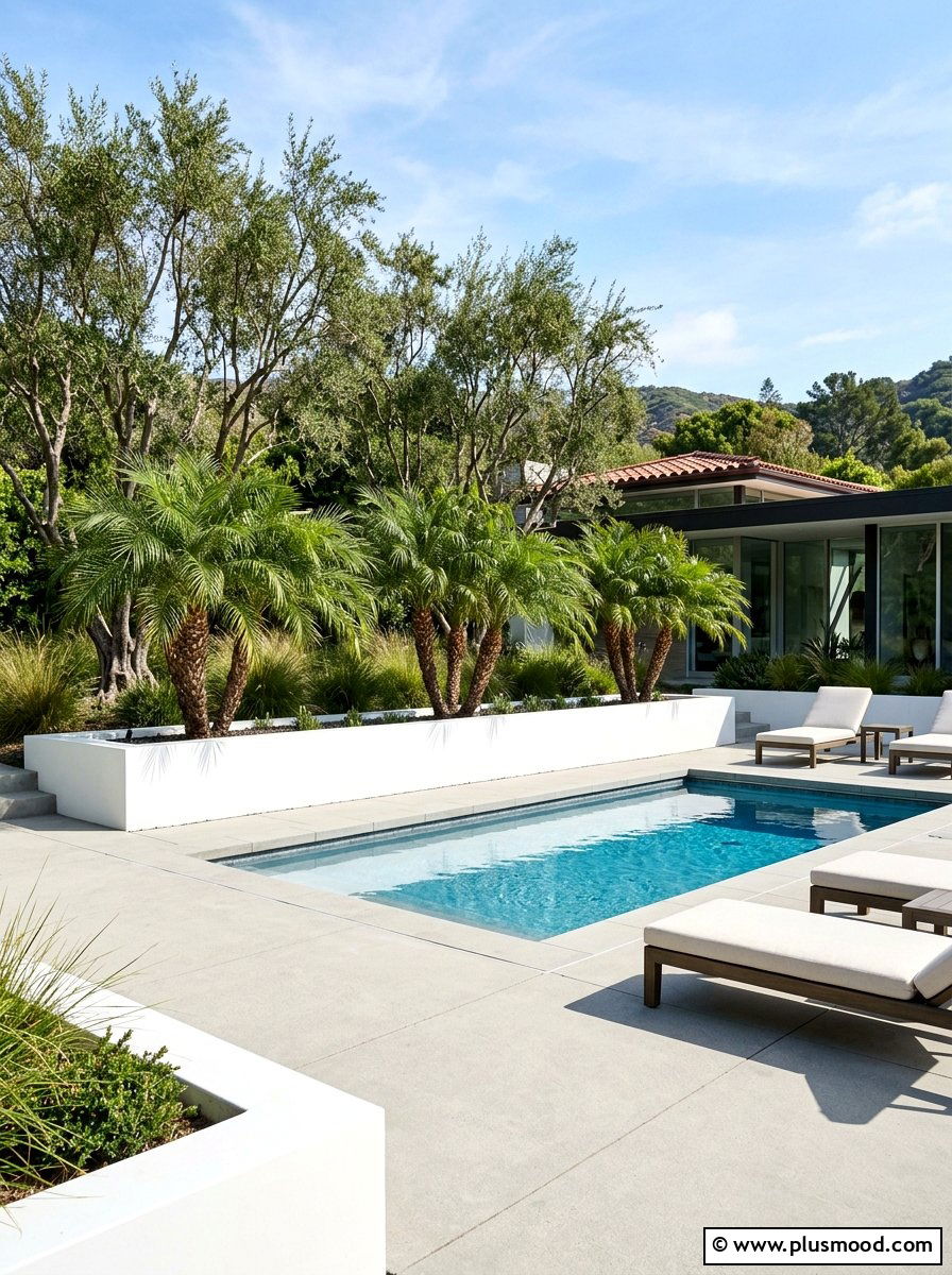 Modern pool deck with pygmy date palms - 25 summer pool landscaping ideas with palms