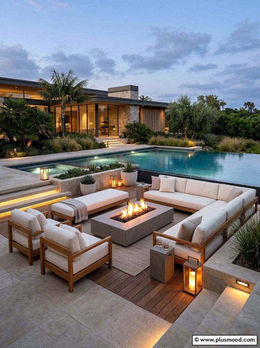 Modern pool fire pit lounge - 25 pool landscaping ideas with fire feature